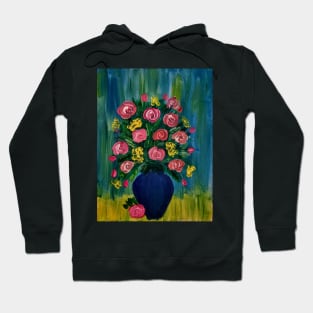 mixed flowers with red roses In a metallic blue vase Hoodie